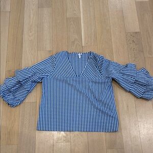 Kensie Blue Gingham Blouse with Ruffled Sleeves
